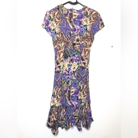 Petite Sophisticate Purple and Brown Floral Midi Dress Crew neck and zipper back - Picture 3 of 13